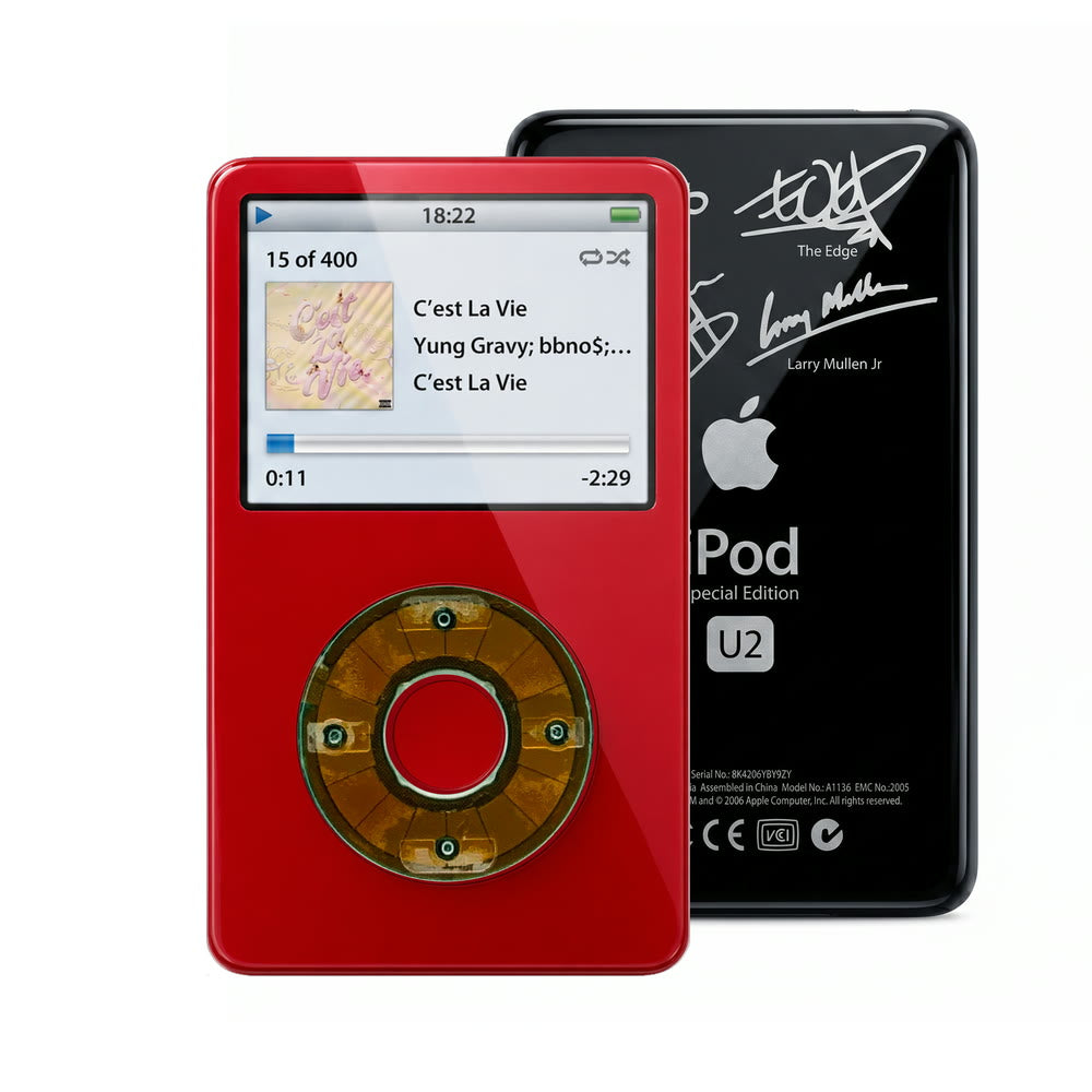 Red refurbished iPod Video 5.5 Gen with Clear Gray click wheel and Black U2 back plate