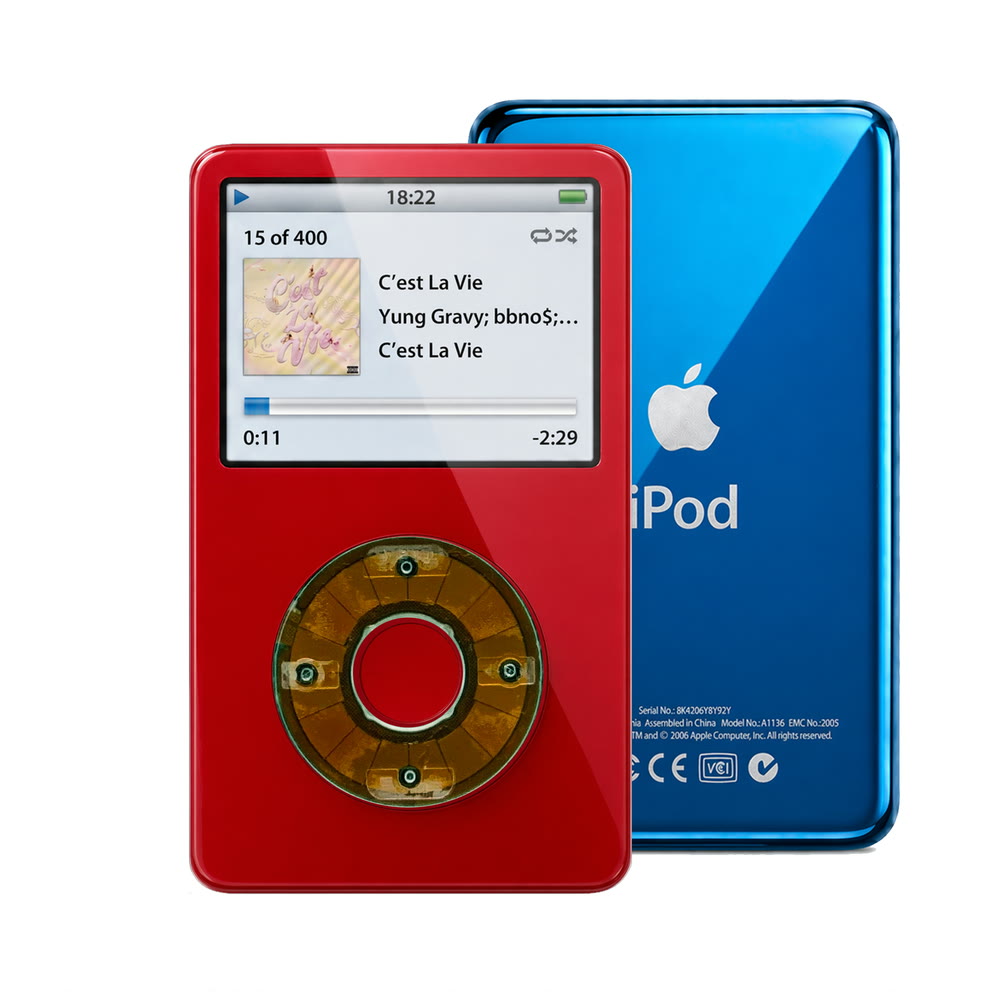 Red refurbished iPod Video 5.5 Gen with Clear Gray click wheel and Blue back plate