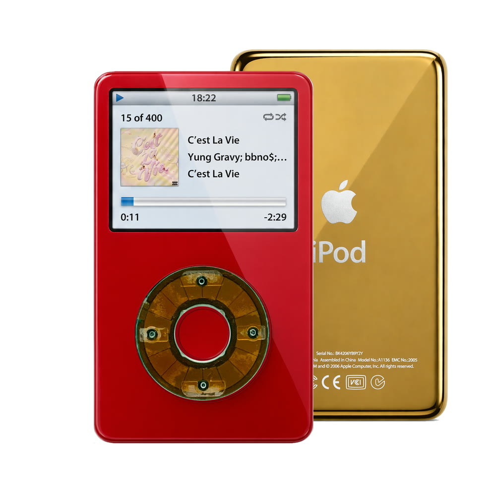 Red refurbished iPod Video 5.5 Gen with Clear Gray click wheel and Gold back plate