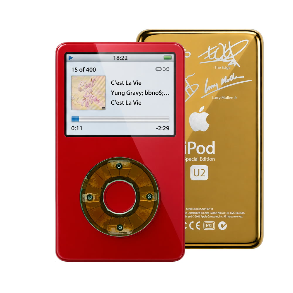 Red refurbished iPod Video 5.5 Gen with Clear Gray click wheel and Gold U2 back plate