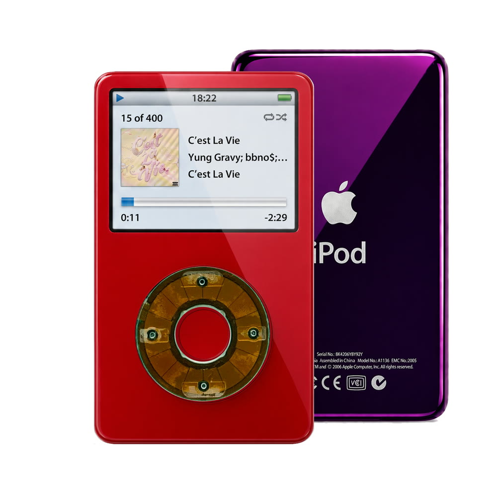 Red refurbished iPod Video 5.5 Gen with Clear Gray click wheel and Purple back plate