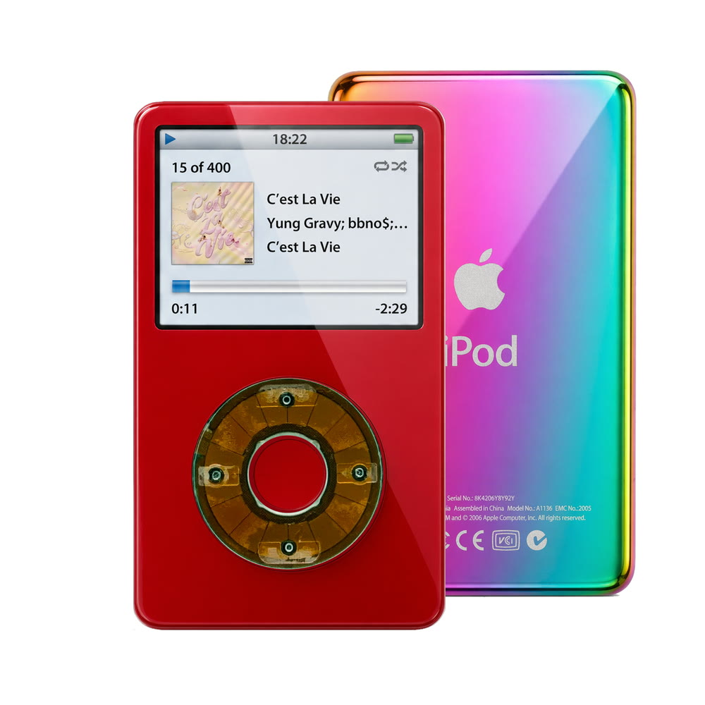 Red refurbished iPod Video 5.5 Gen with Clear Gray click wheel and Rainbow back plate