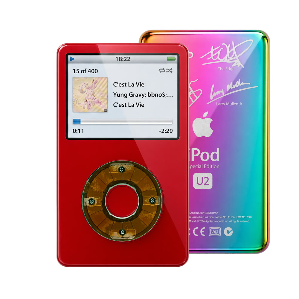 Red refurbished iPod Video 5.5 Gen with Clear Gray click wheel and Rainbow U2 back plate
