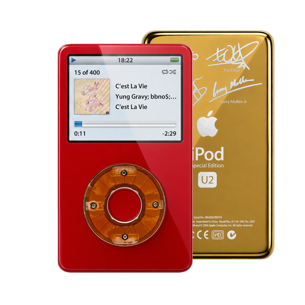 Red refurbished iPod Video 5.5 Gen with Clear click wheel and Gold U2 back plate