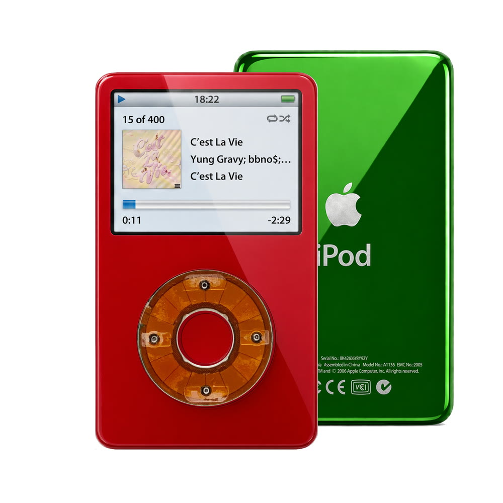 Red refurbished iPod Video 5.5 Gen with Clear click wheel and Green back plate