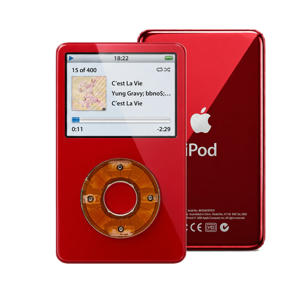 Red refurbished iPod Video 5.5 Gen with Clear click wheel and Red back plate