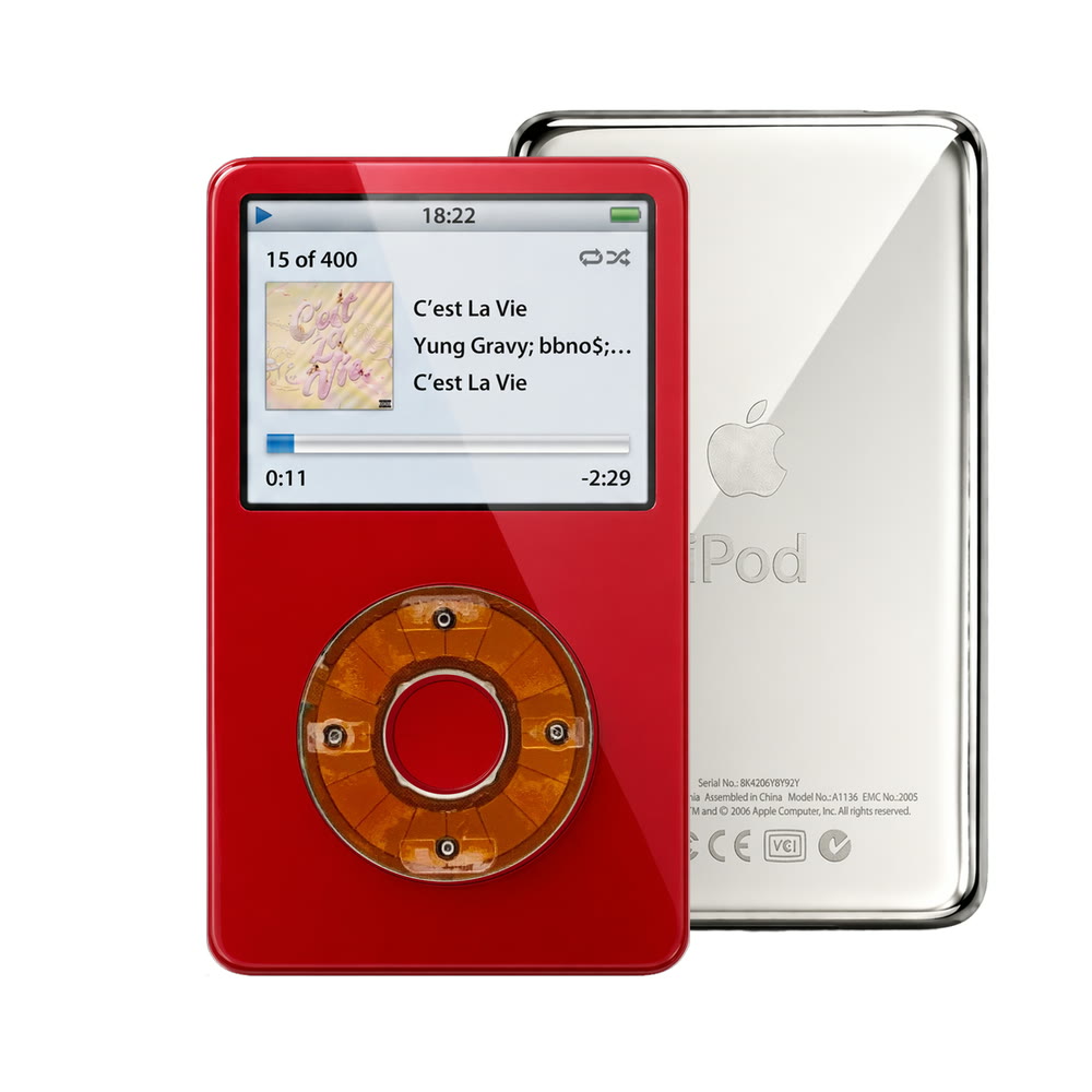 Red refurbished iPod Video 5.5 Gen with Clear click wheel and Silver back plate