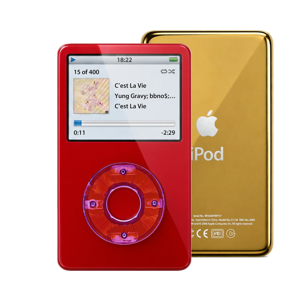 Red refurbished iPod Video 5.5 Gen with Clear Purple click wheel and Gold back plate
