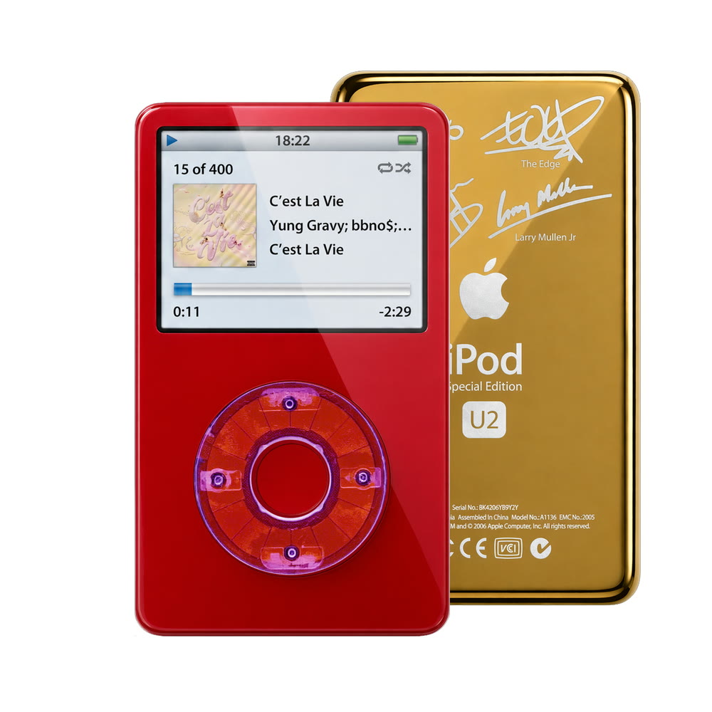 Red refurbished iPod Video 5.5 Gen with Clear Purple click wheel and Gold U2 back plate