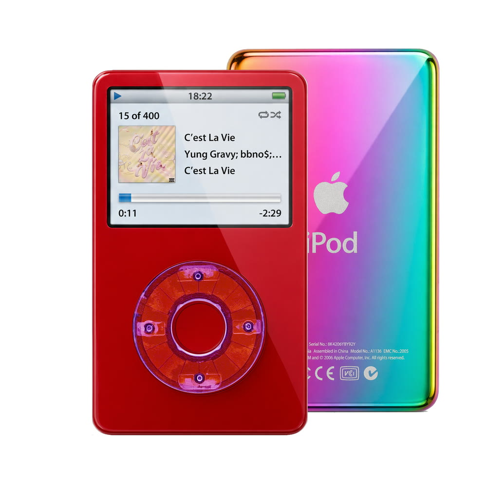 Red refurbished iPod Video 5.5 Gen with Clear Purple click wheel and Rainbow back plate