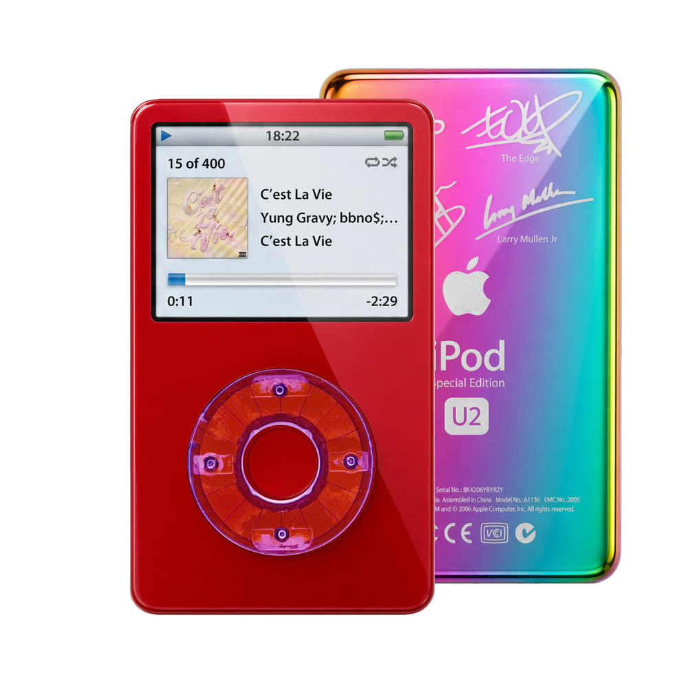 Red refurbished iPod Video 5.5 Gen with Clear Purple click wheel and Rainbow U2 back plate