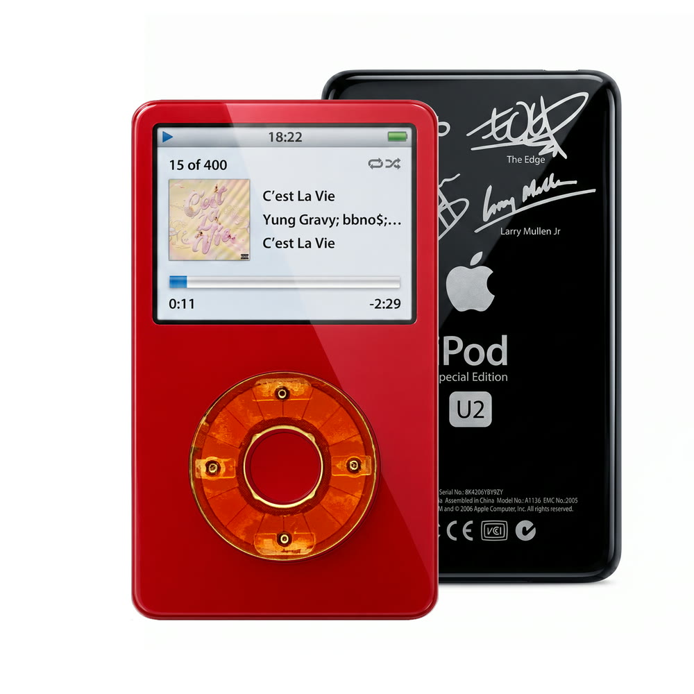 Red refurbished iPod Video 5.5 Gen with Clear Red click wheel and Black U2 back plate