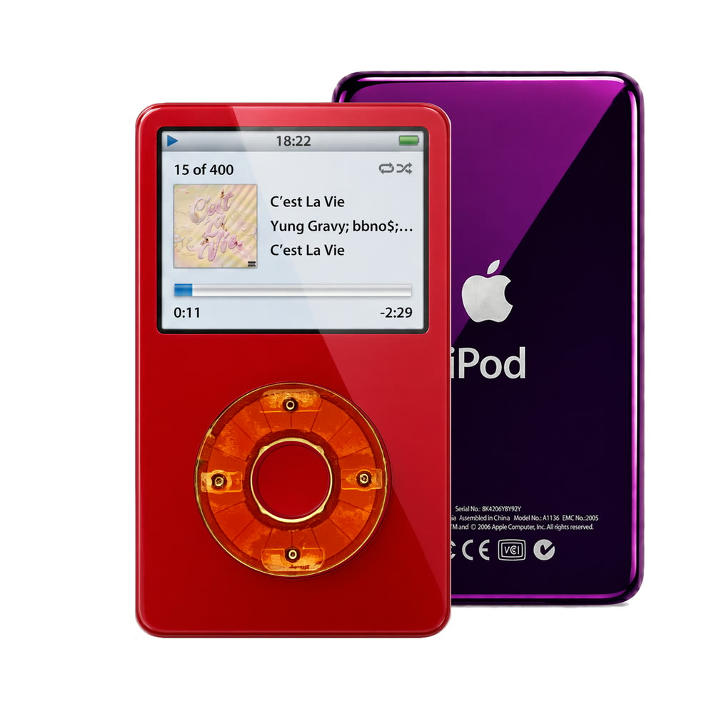 Red refurbished iPod Video 5.5 Gen with Clear Red click wheel and Purple back plate