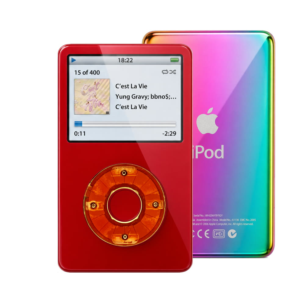 Red refurbished iPod Video 5.5 Gen with Clear Red click wheel and Rainbow back plate