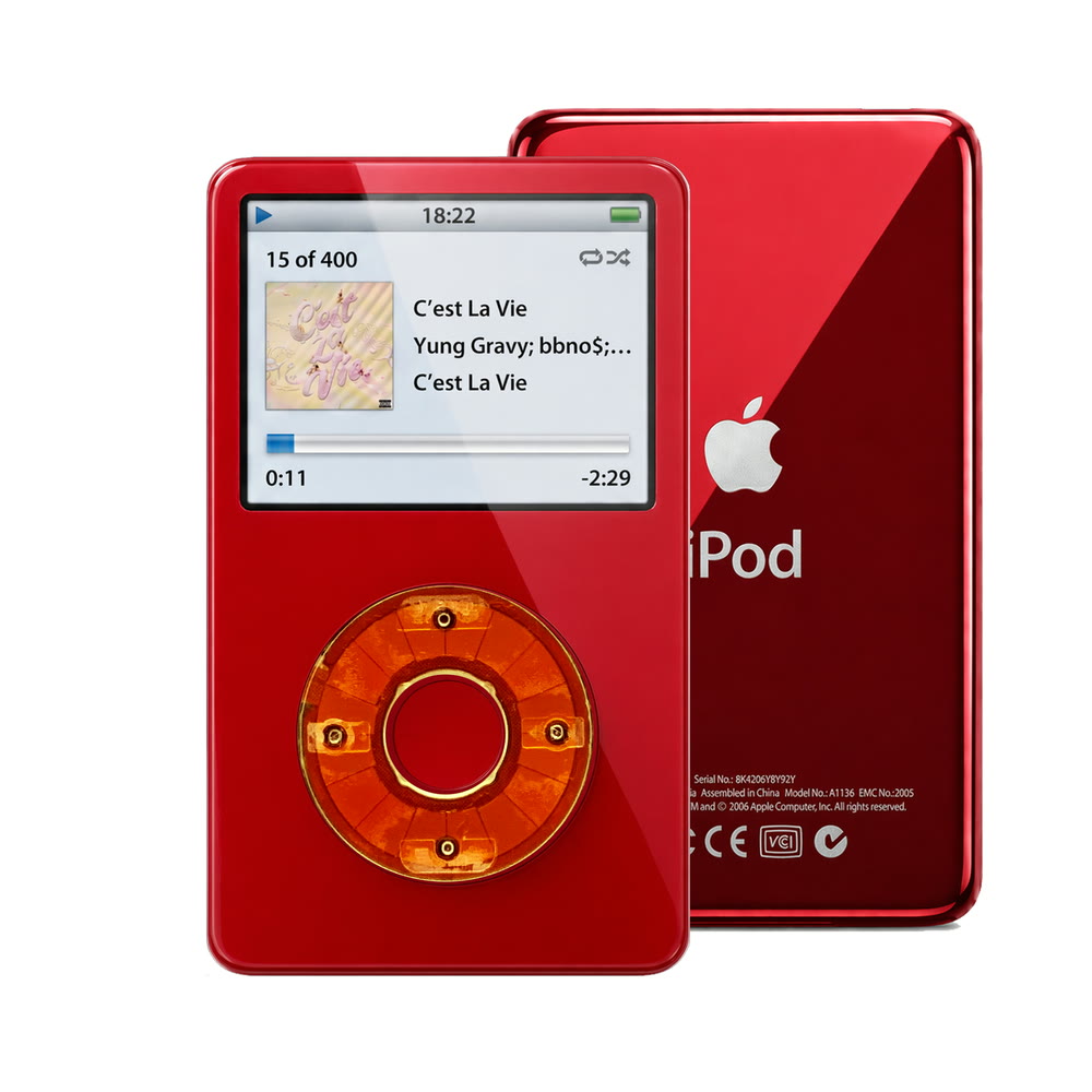 Red refurbished iPod Video 5.5 Gen with Clear Red click wheel and Red back plate