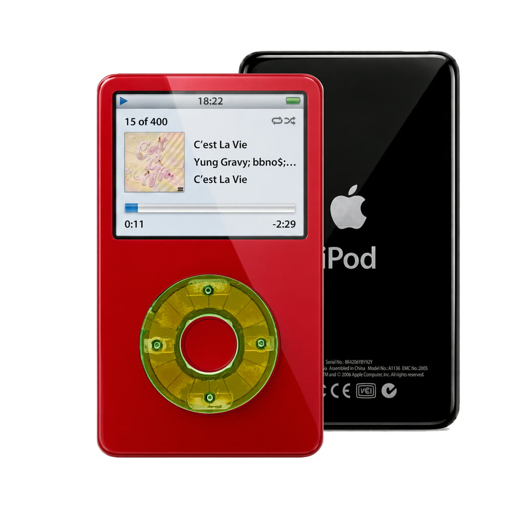 Red refurbished iPod Video 5.5 Gen with Clear Silver Green click wheel and Black back plate
