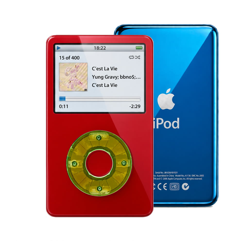 Red refurbished iPod Video 5.5 Gen with Clear Silver Green click wheel and Blue back plate