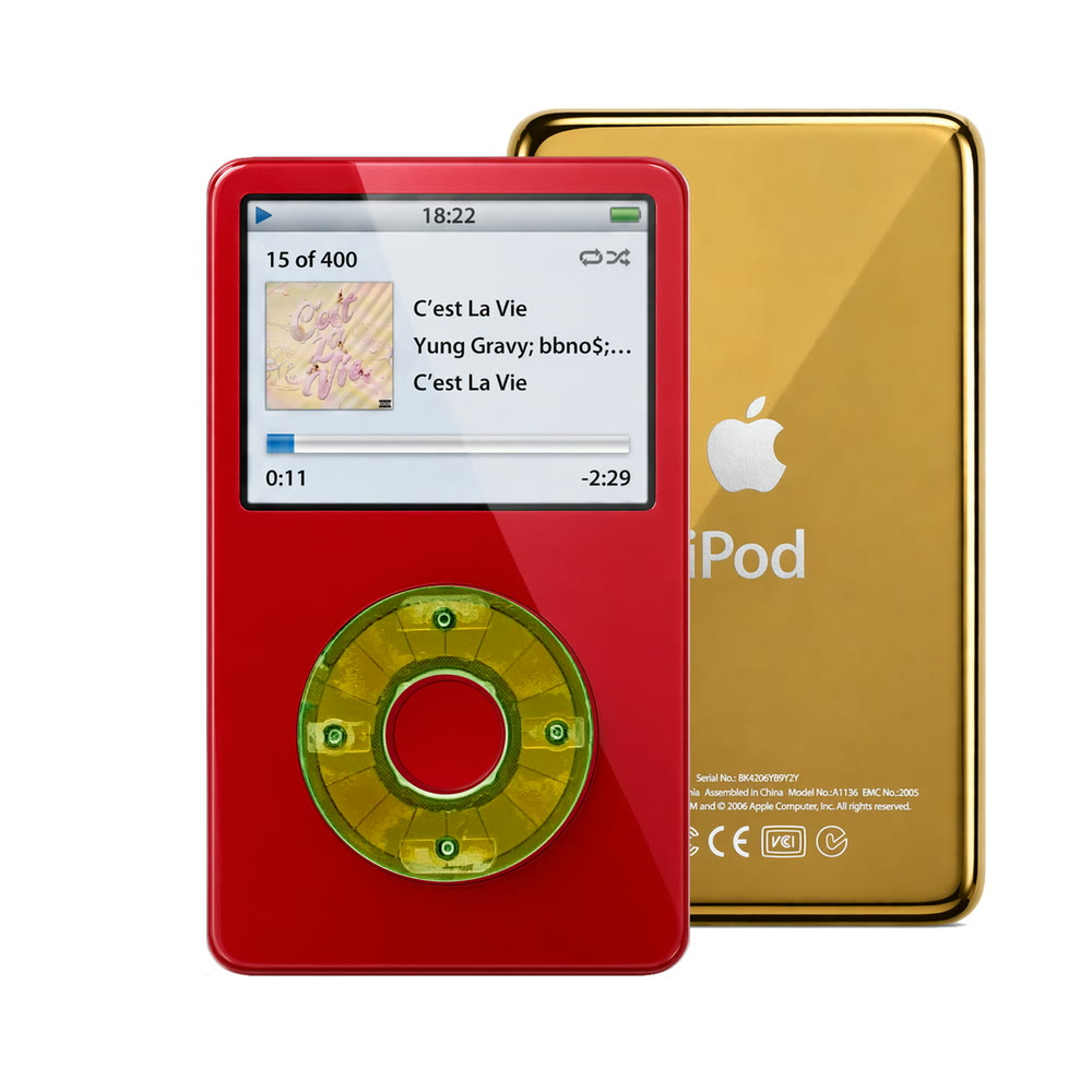 Red refurbished iPod Video 5.5 Gen with Clear Silver Green click wheel and Gold back plate