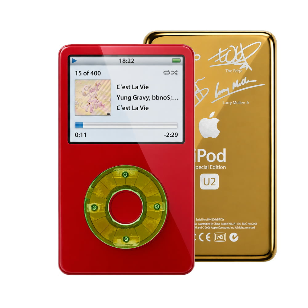 Red refurbished iPod Video 5.5 Gen with Clear Silver Green click wheel and Gold U2 back plate