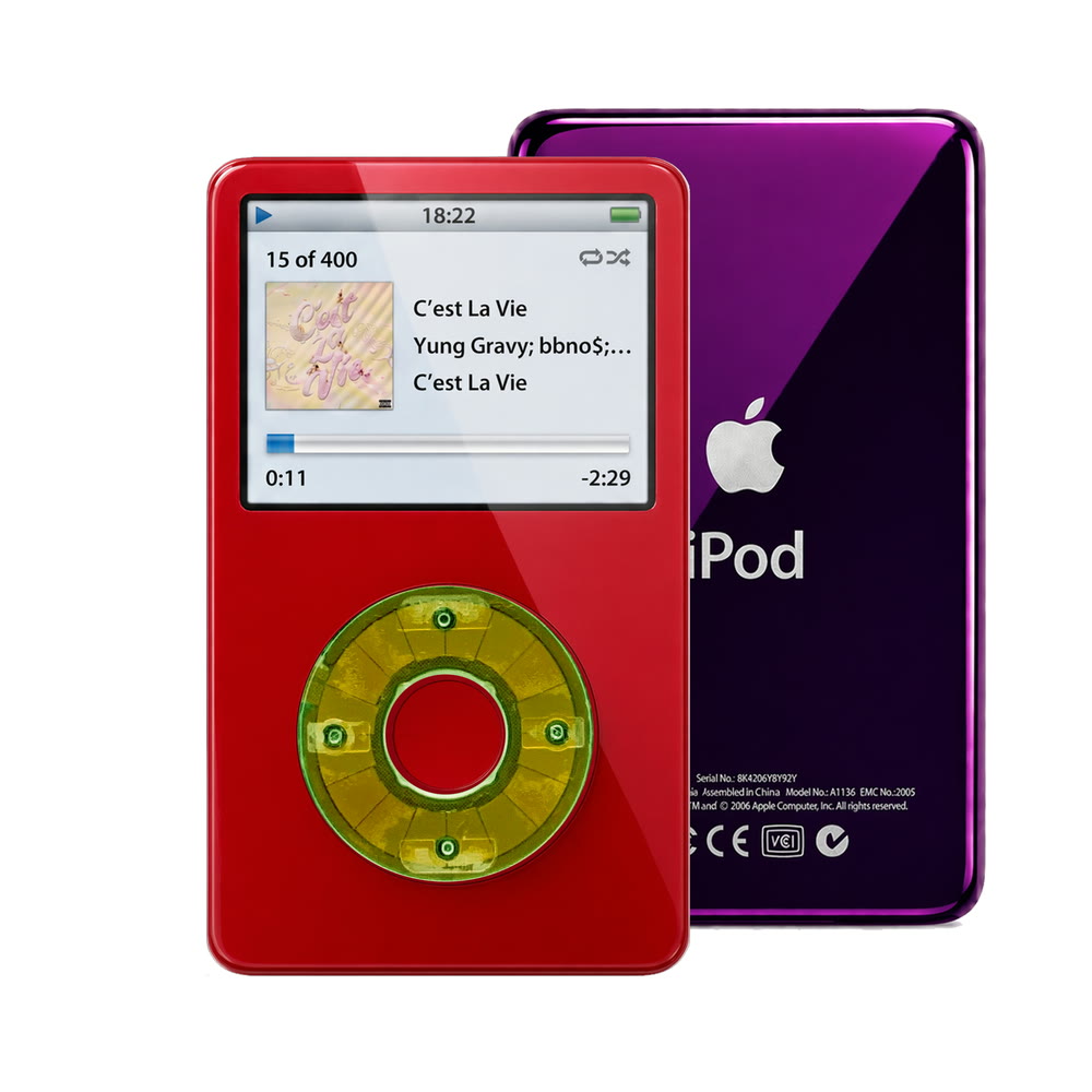 Red refurbished iPod Video 5.5 Gen with Clear Silver Green click wheel and Purple back plate