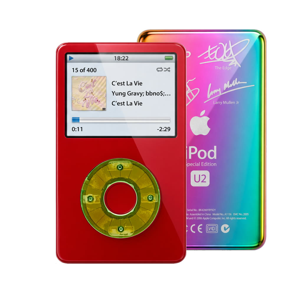 Red refurbished iPod Video 5.5 Gen with Clear Silver Green click wheel and Rainbow U2 back plate