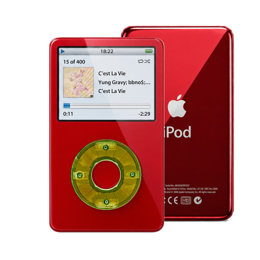 Red refurbished iPod Video 5.5 Gen with Clear Silver Green click wheel and Red back plate