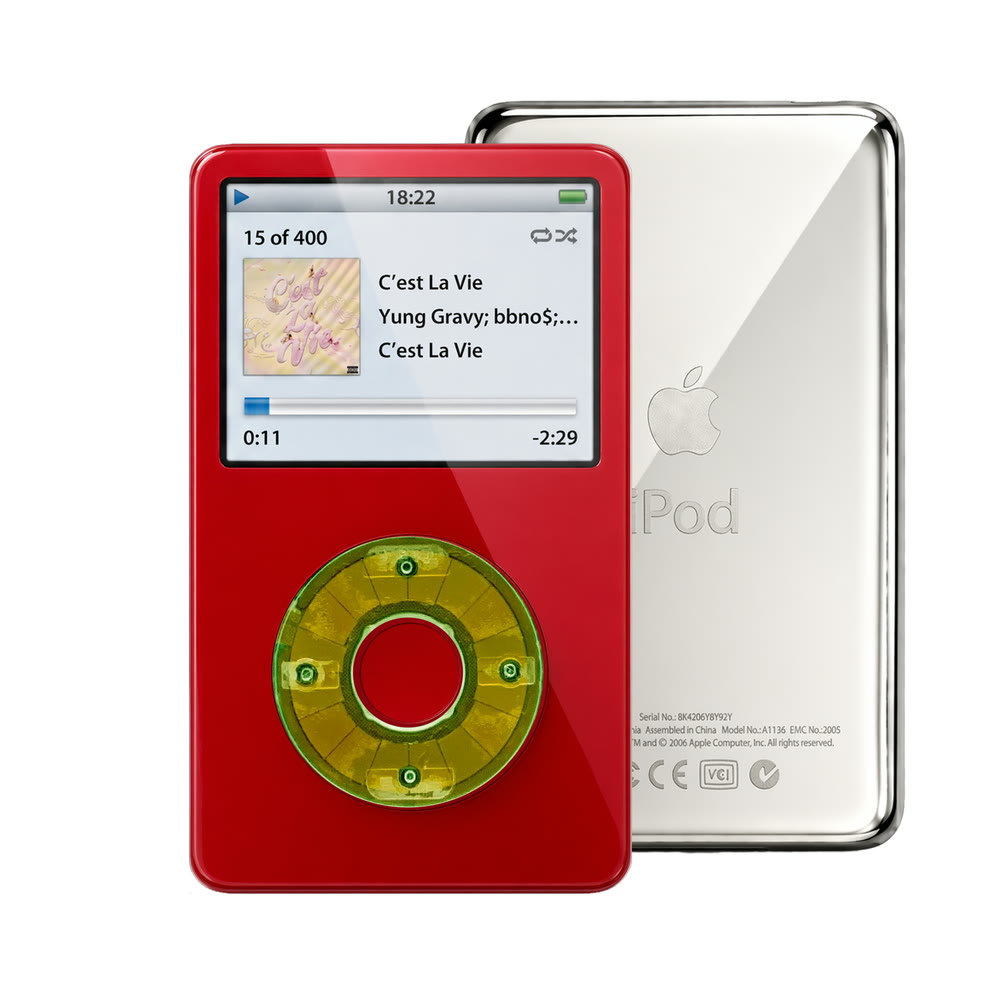 Red refurbished iPod Video 5.5 Gen with Clear Silver Green click wheel and Silver back plate