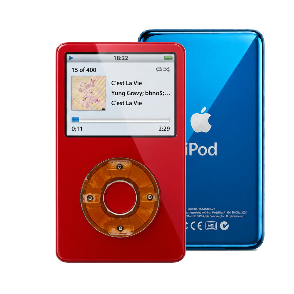 Red refurbished iPod Video 5.5 Gen with Clear Yellow click wheel and Blue back plate