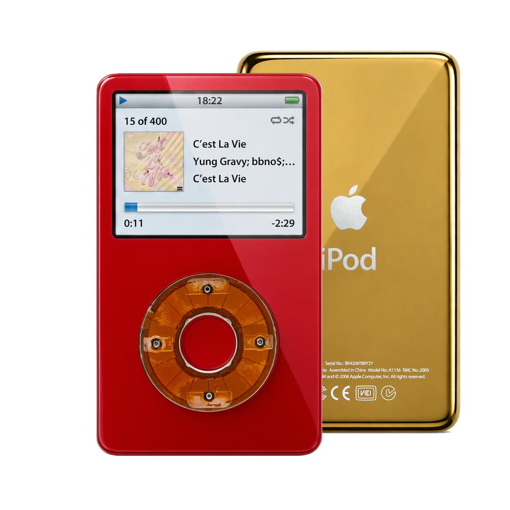 Red refurbished iPod Video 5.5 Gen with Clear Yellow click wheel and Gold back plate
