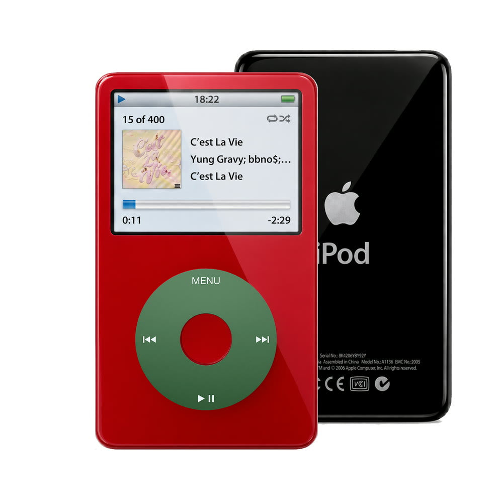 Red refurbished iPod Video 5.5 Gen with Green click wheel and Black back plate