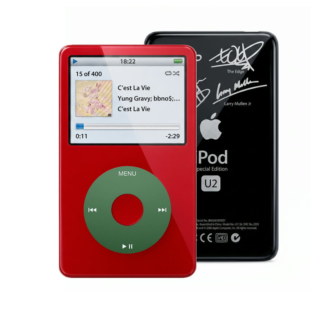 Red refurbished iPod Video 5.5 Gen with Green click wheel and Black U2 back plate