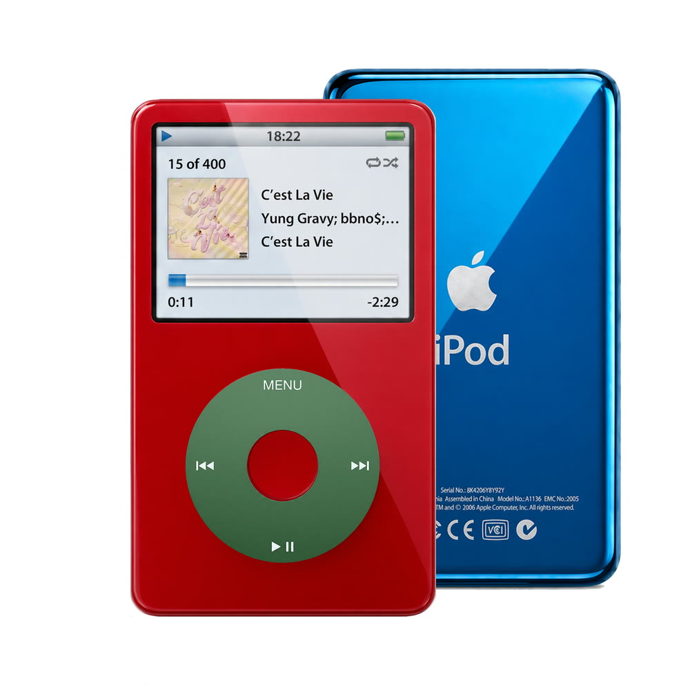 Red refurbished iPod Video 5.5 Gen with Green click wheel and Blue back plate