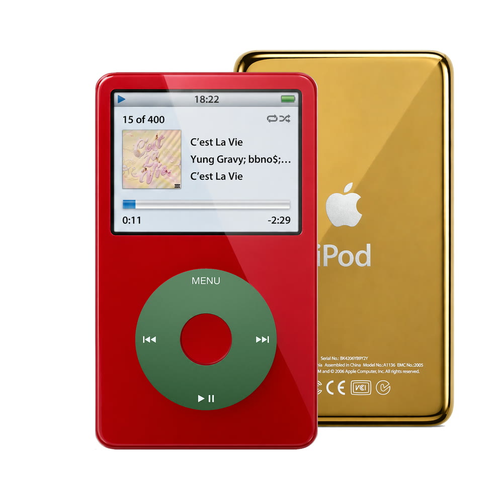 Red refurbished iPod Video 5.5 Gen with Green click wheel and Gold back plate