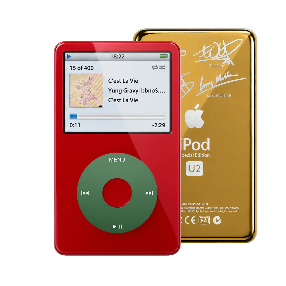 Red refurbished iPod Video 5.5 Gen with Green click wheel and Gold U2 back plate