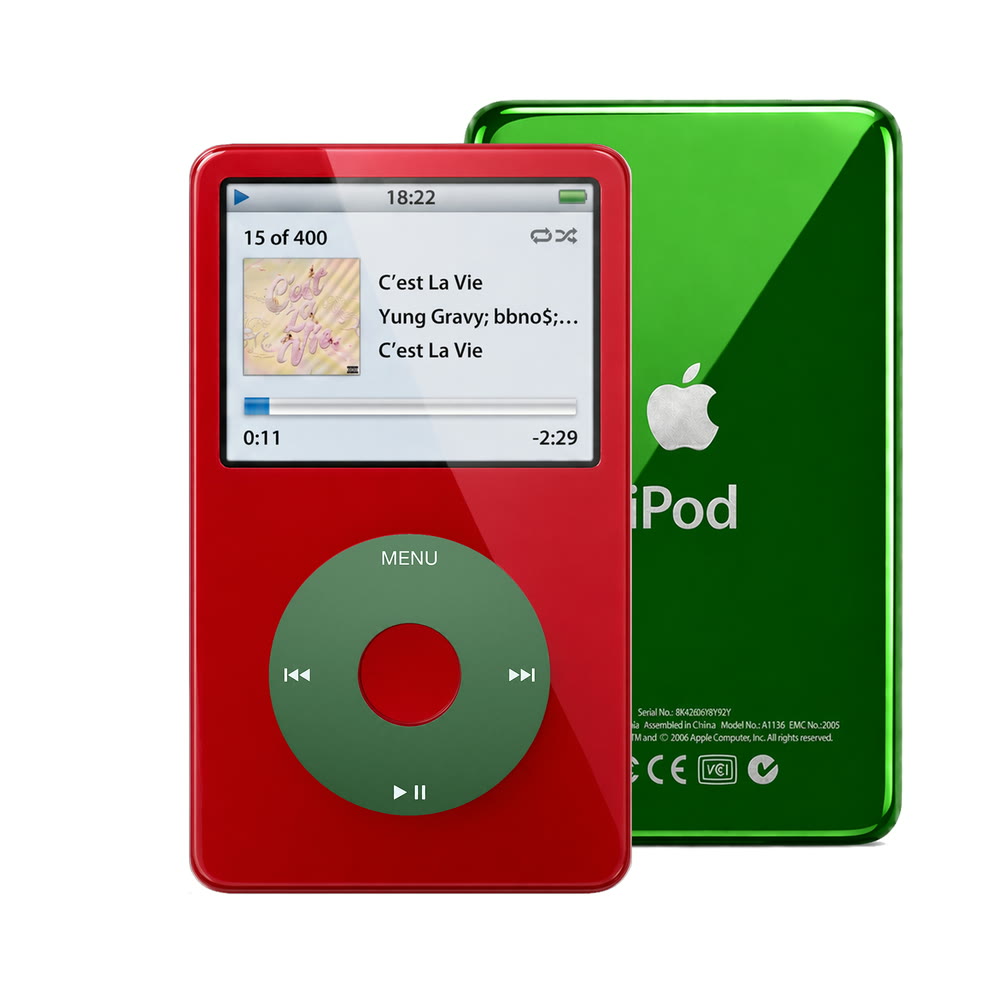 Red refurbished iPod Video 5.5 Gen with Green click wheel and Green back plate