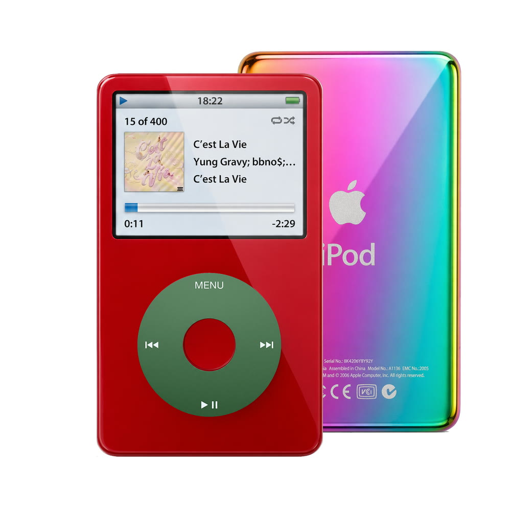 Red refurbished iPod Video 5.5 Gen with Green click wheel and Rainbow back plate