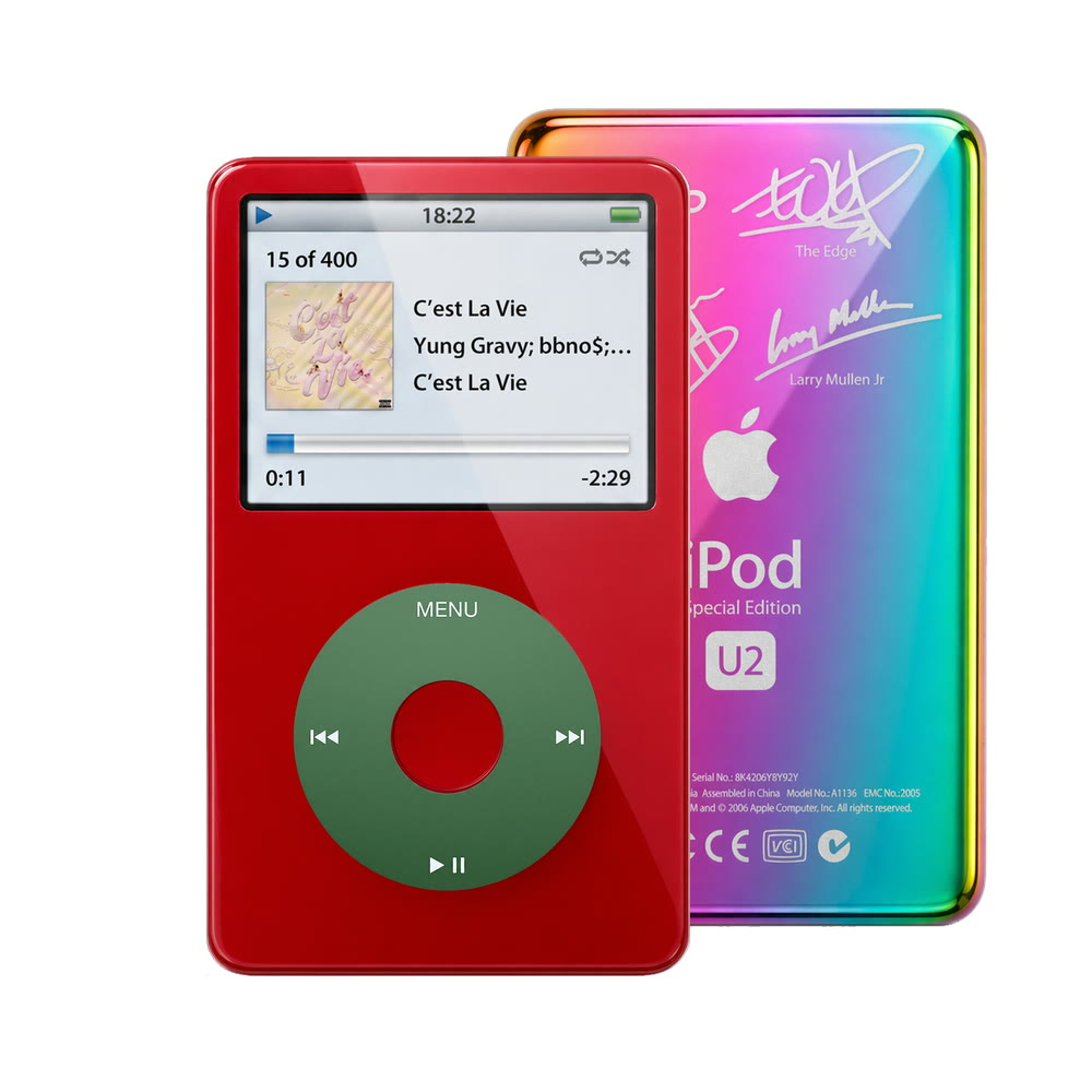 Red refurbished iPod Video 5.5 Gen with Green click wheel and Rainbow U2 back plate