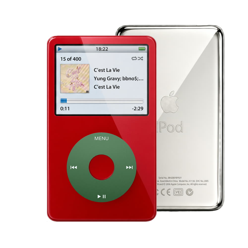 Red refurbished iPod Video 5.5 Gen with Green click wheel and Silver back plate
