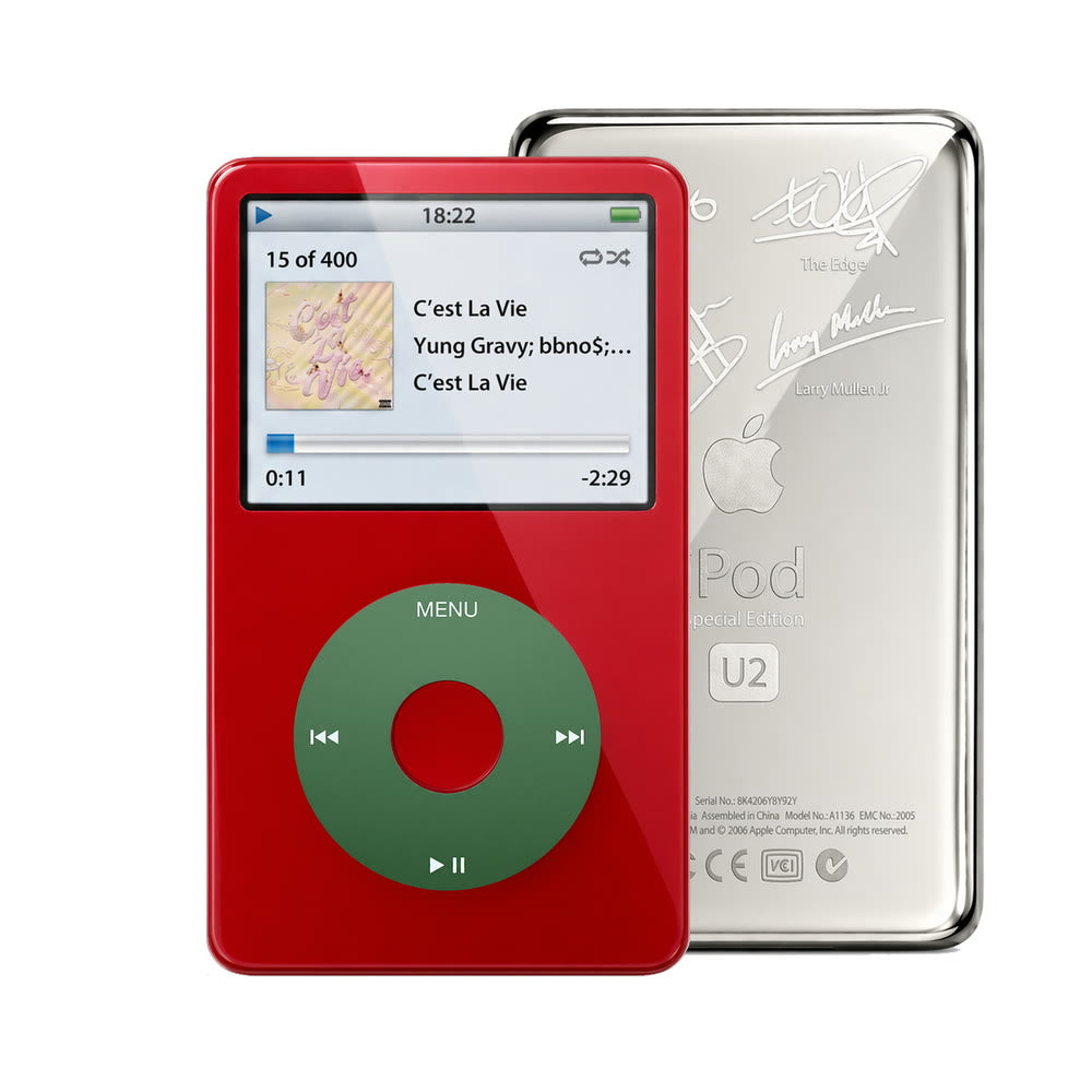 Red refurbished iPod Video 5.5 Gen with Green click wheel and Silver U2 back plate