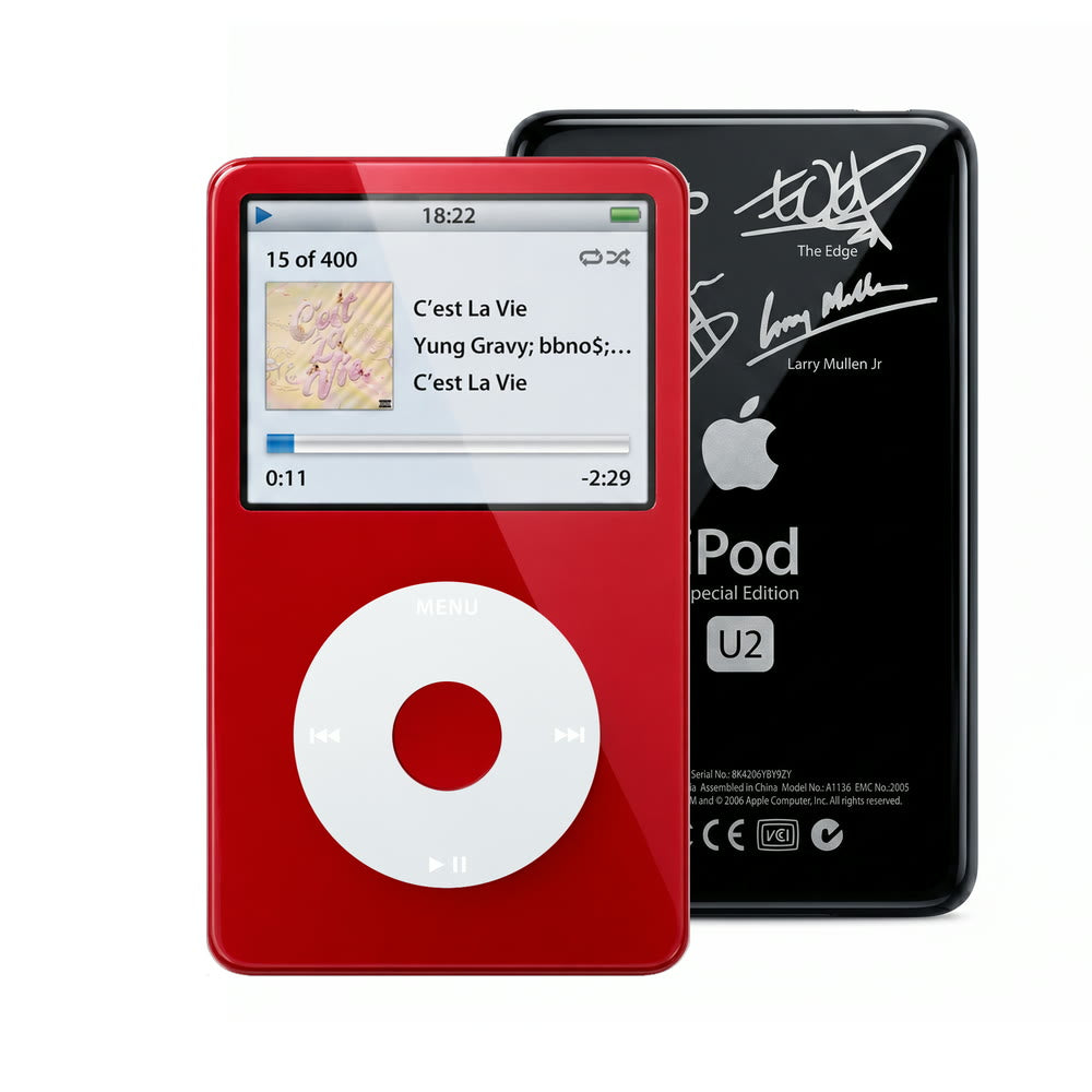 Red refurbished iPod Video 5.5 Gen with Gray click wheel and Black U2 back plate