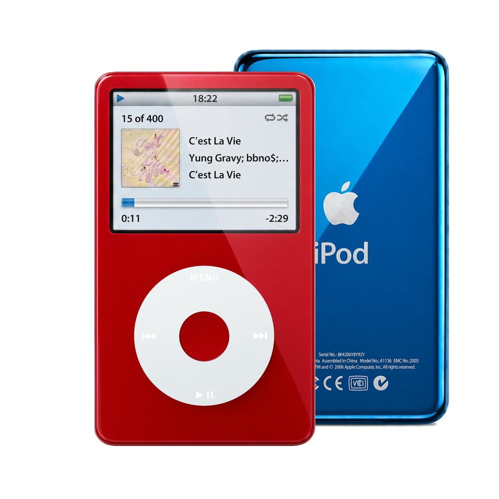 Red refurbished iPod Video 5.5 Gen with Gray click wheel and Blue back plate