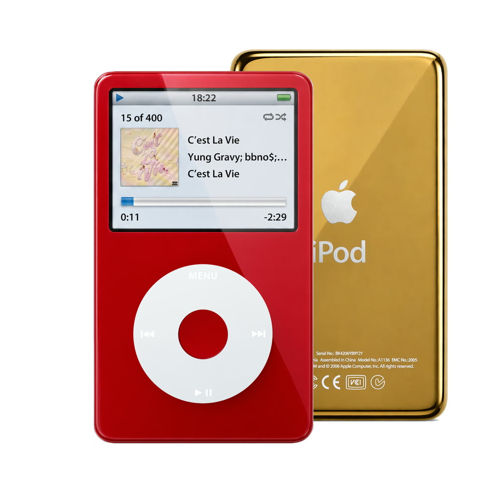 Red refurbished iPod Video 5.5 Gen with Gray click wheel and Gold back plate