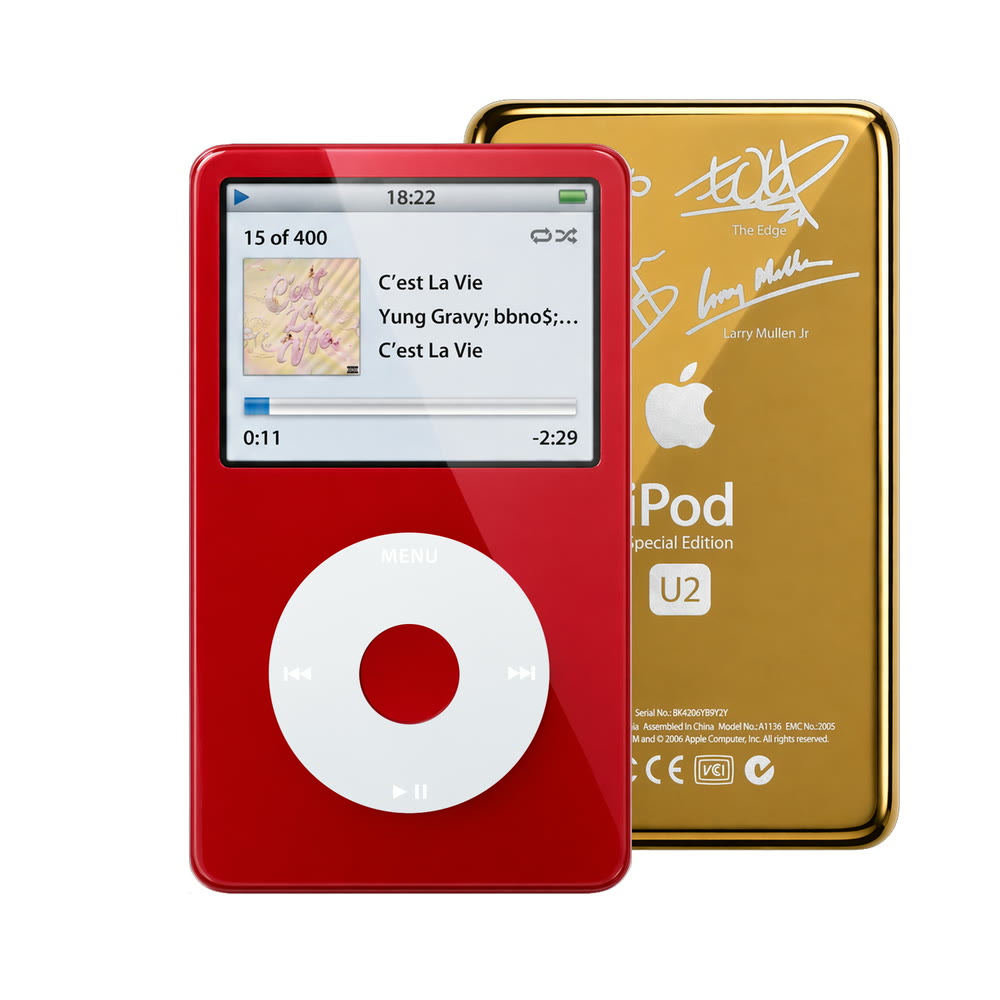 Red refurbished iPod Video 5.5 Gen with Gray click wheel and Gold U2 back plate