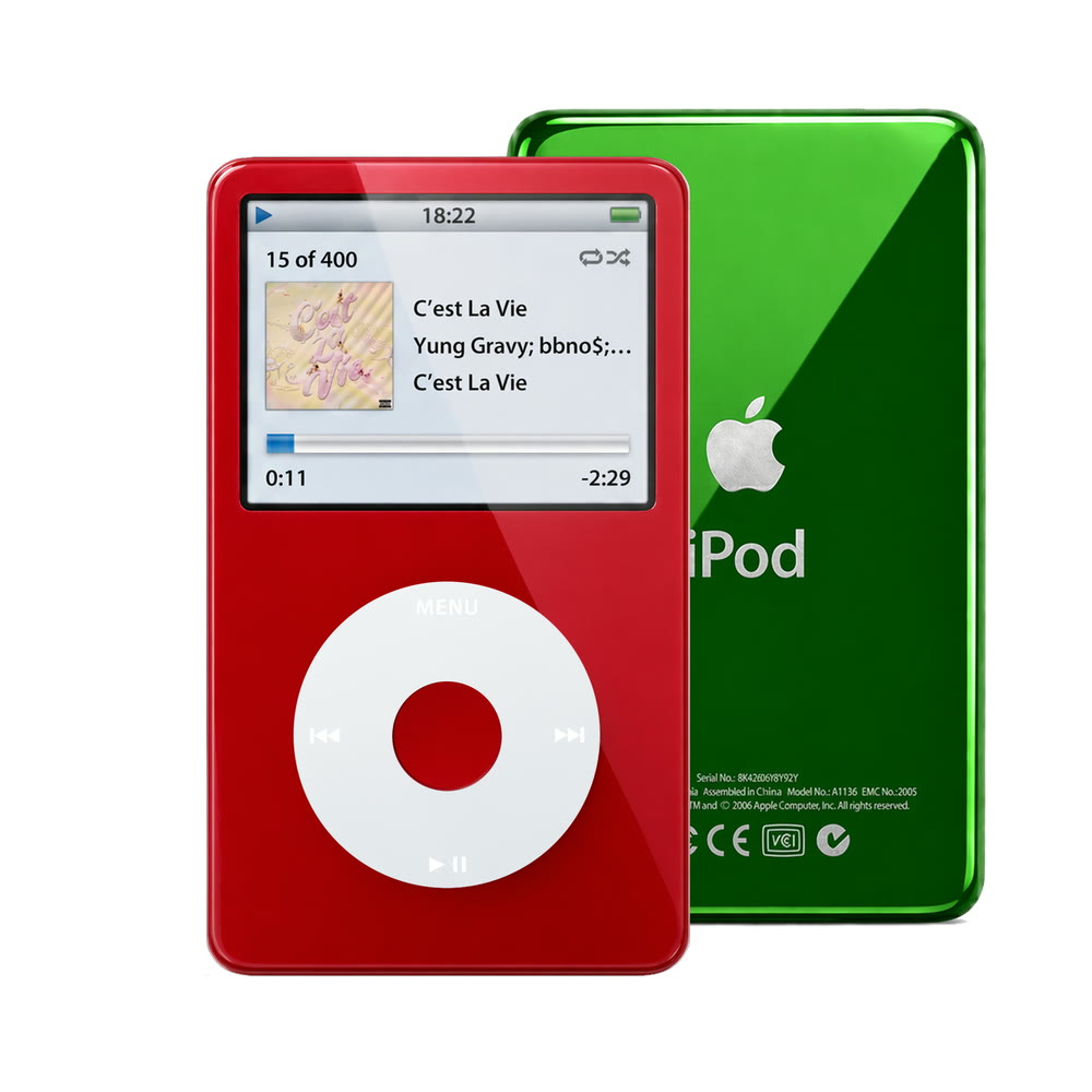 Red refurbished iPod Video 5.5 Gen with Gray click wheel and Green back plate