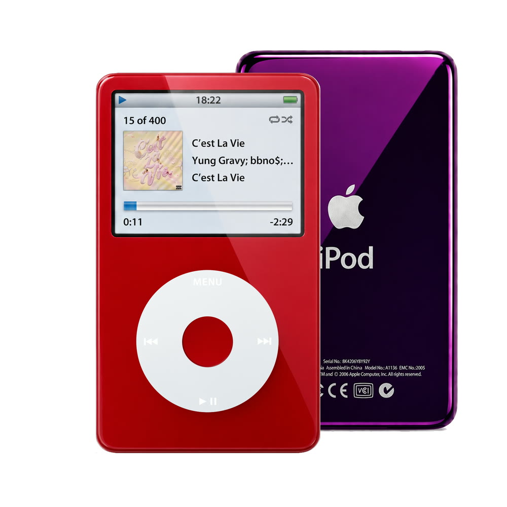 Red refurbished iPod Video 5.5 Gen with Gray click wheel and Purple back plate