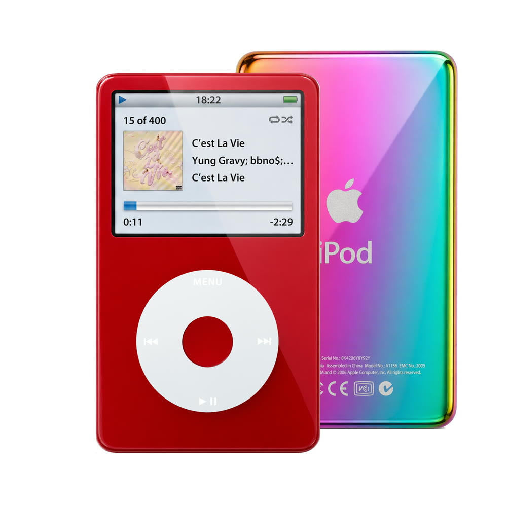 Red refurbished iPod Video 5.5 Gen with Gray click wheel and Rainbow back plate
