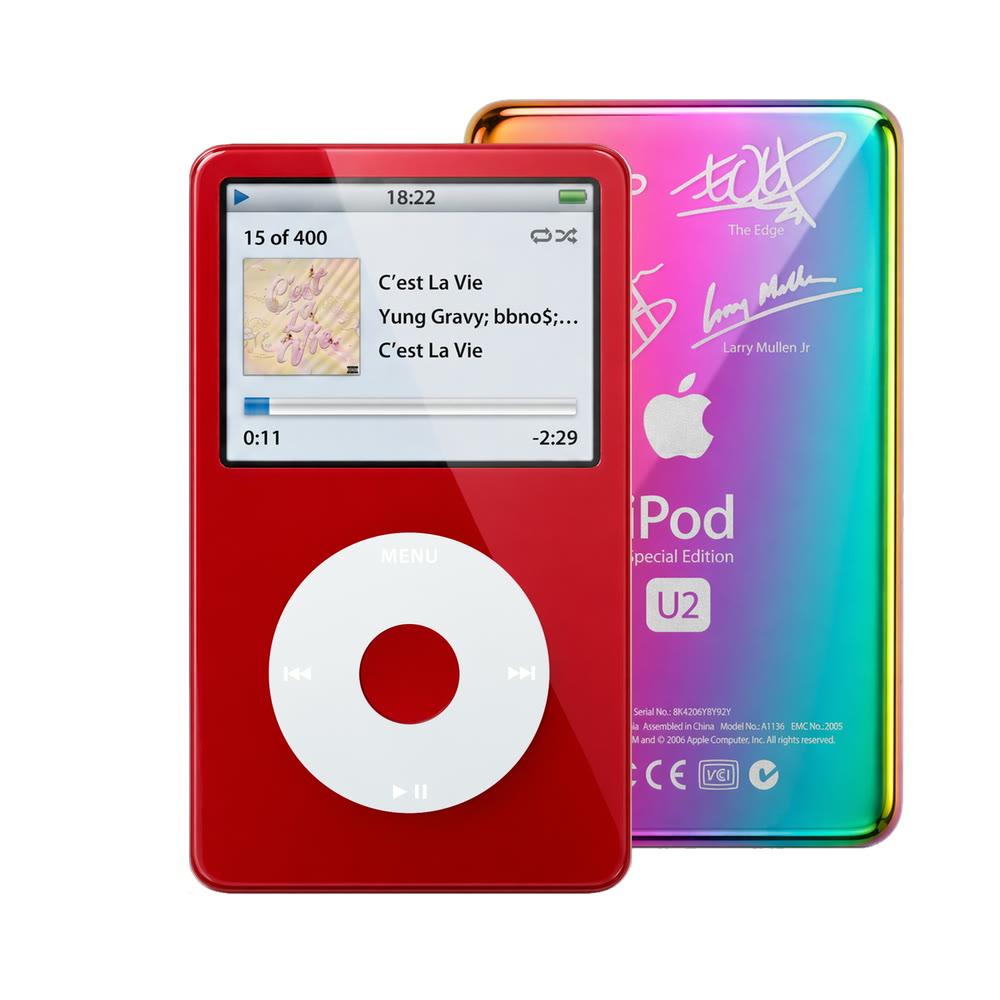 Red refurbished iPod Video 5.5 Gen with Gray click wheel and Rainbow U2 back plate
