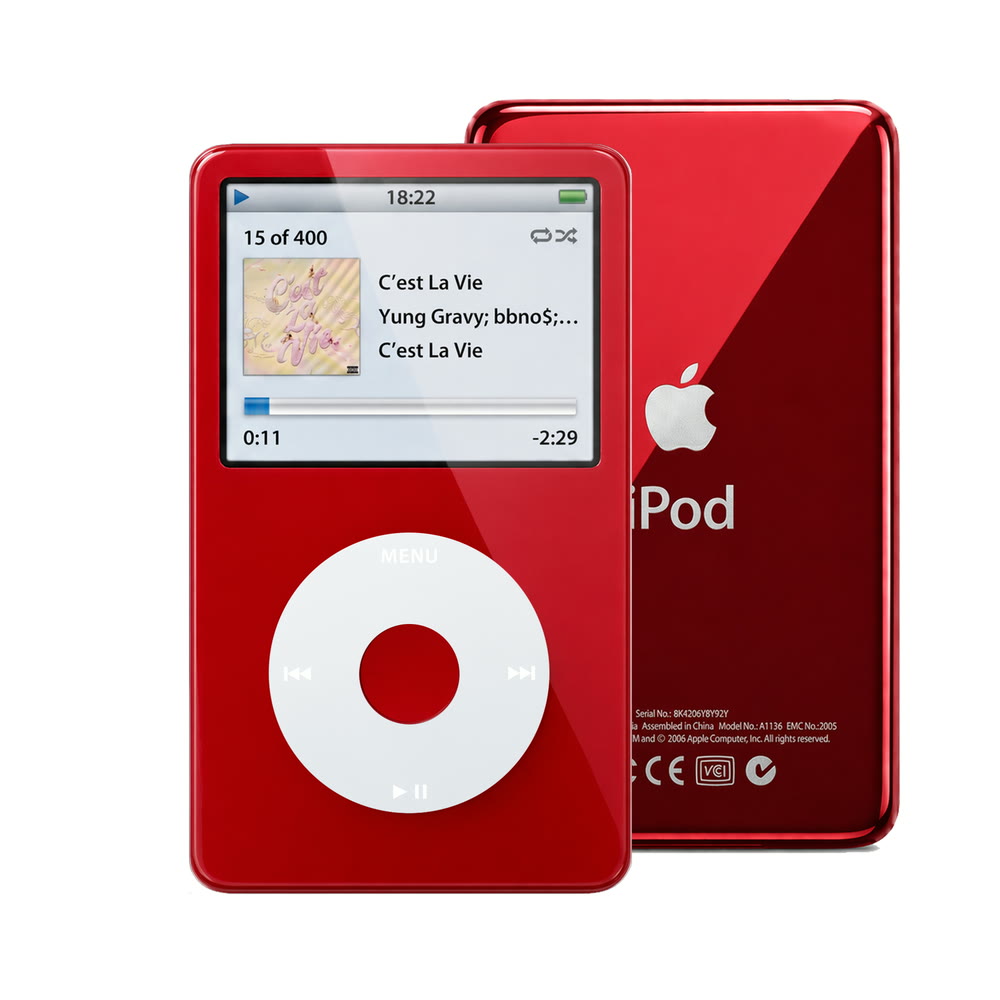 Red refurbished iPod Video 5.5 Gen with Gray click wheel and Red back plate