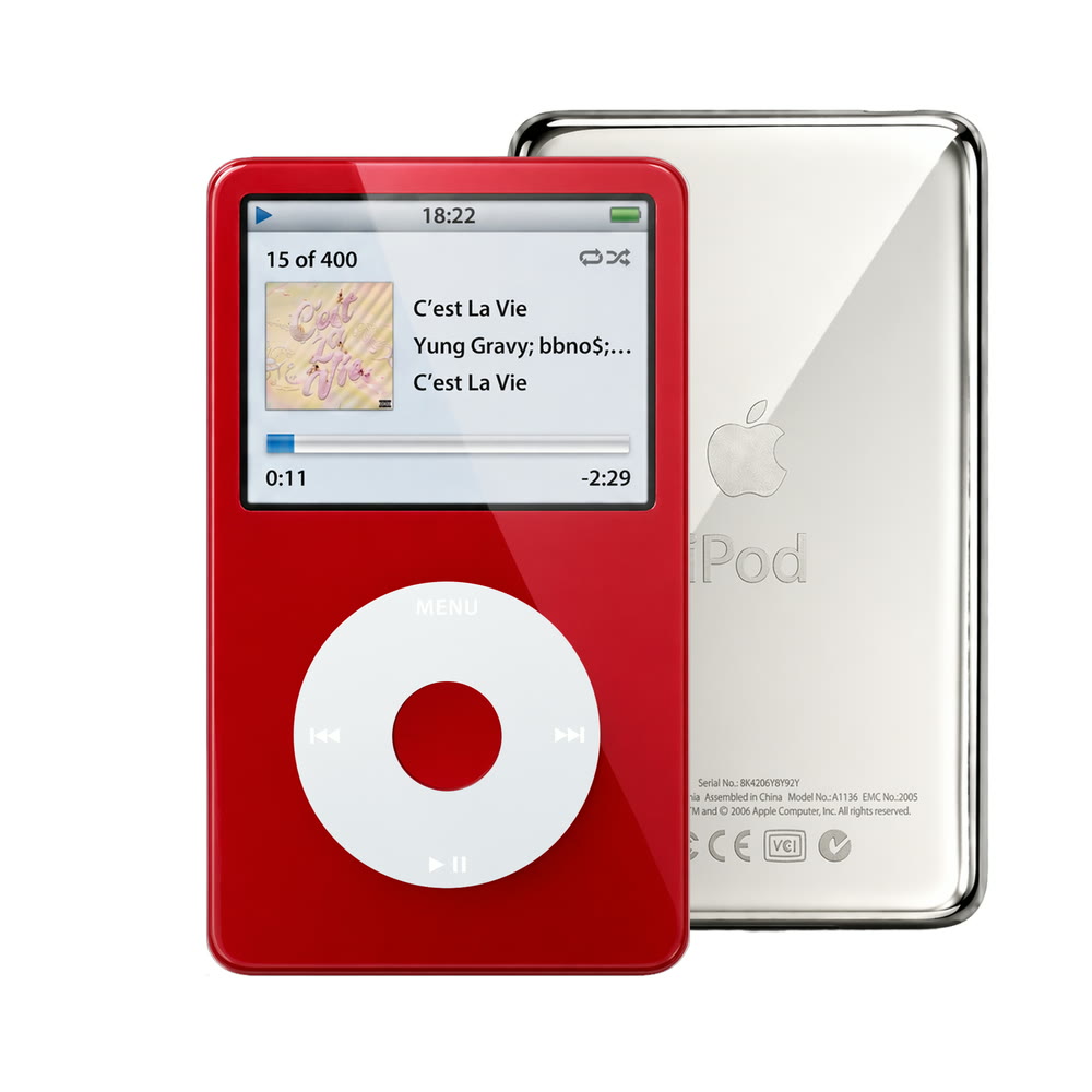 Red refurbished iPod Video 5.5 Gen with Gray click wheel and Silver back plate