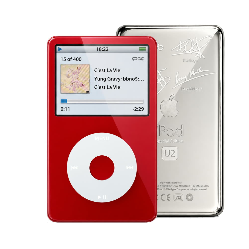 Red refurbished iPod Video 5.5 Gen with Gray click wheel and Silver U2 back plate